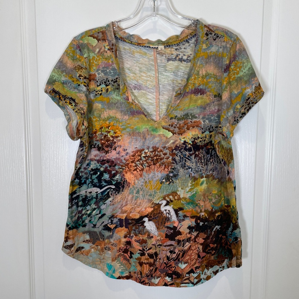 Anthropologie Michelle Morin Notched Tee Landscape Artsy Cotton Boho V-Neck L - Picture 4 of 9